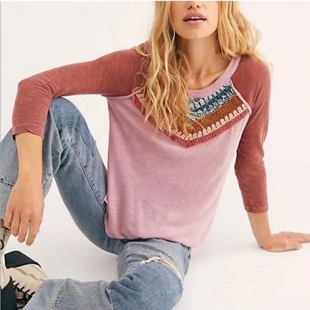 Free People Spring Bound Mauve Crochet Raglan Cotton & Linen Blouse